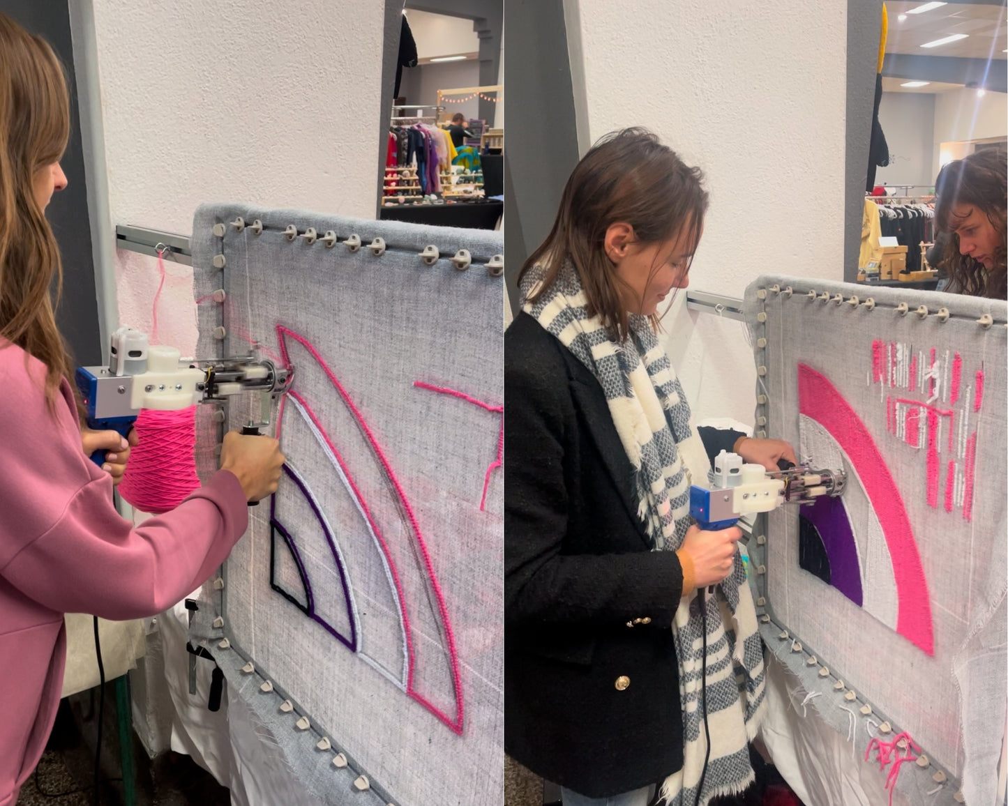 Deux personnes sont en train de fabriqués un tapis lors d'une initiation Tufting à Toulouse.