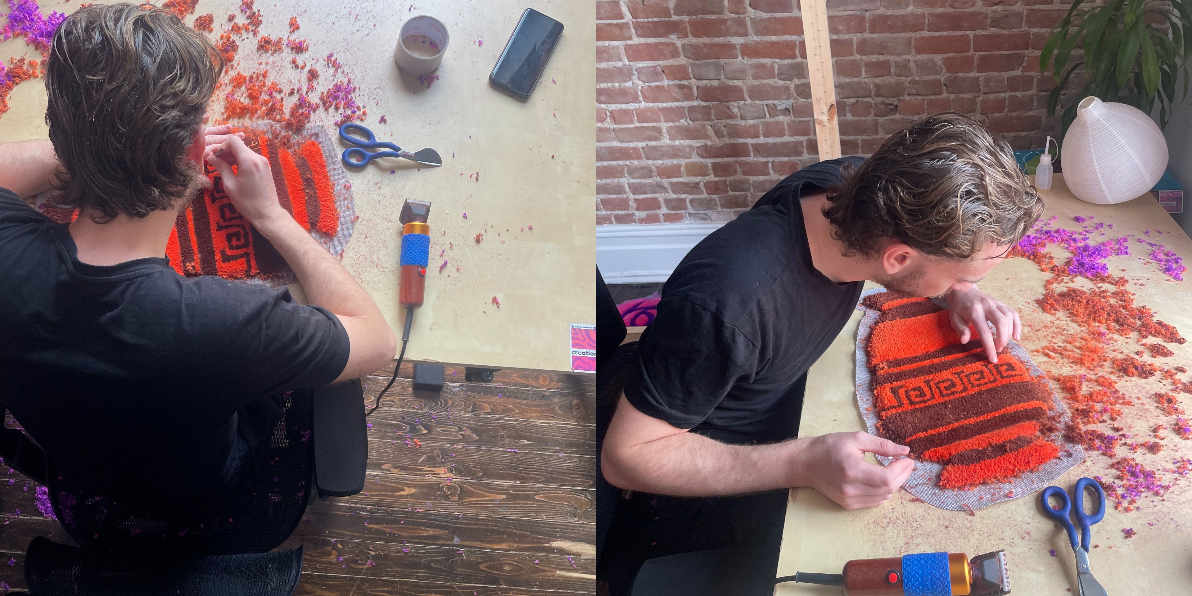 Artiste Tufting de Mood Creation's qui réalise les finitions d'un tapis personnalisé.