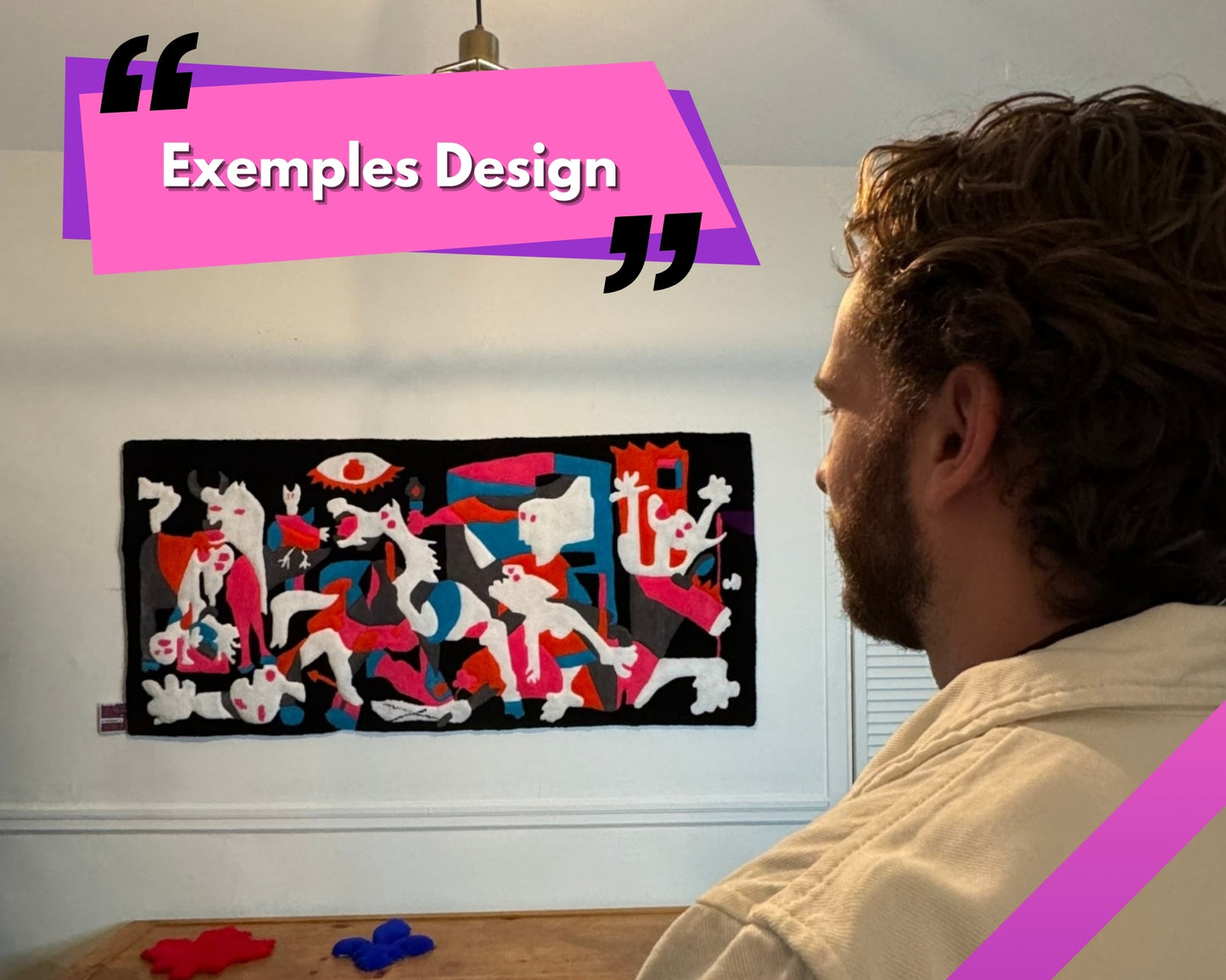 Photo d'un grand tapis mural unique fabriqué à la main par Mood Creations qui reprend le design de Guernica de Pablo Picasso revisité en couleurs.