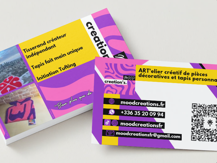 Carte de visite de Mood Creation'S, votre tisserand créateur de tapis unique personnalisé pour une décoration à son image.