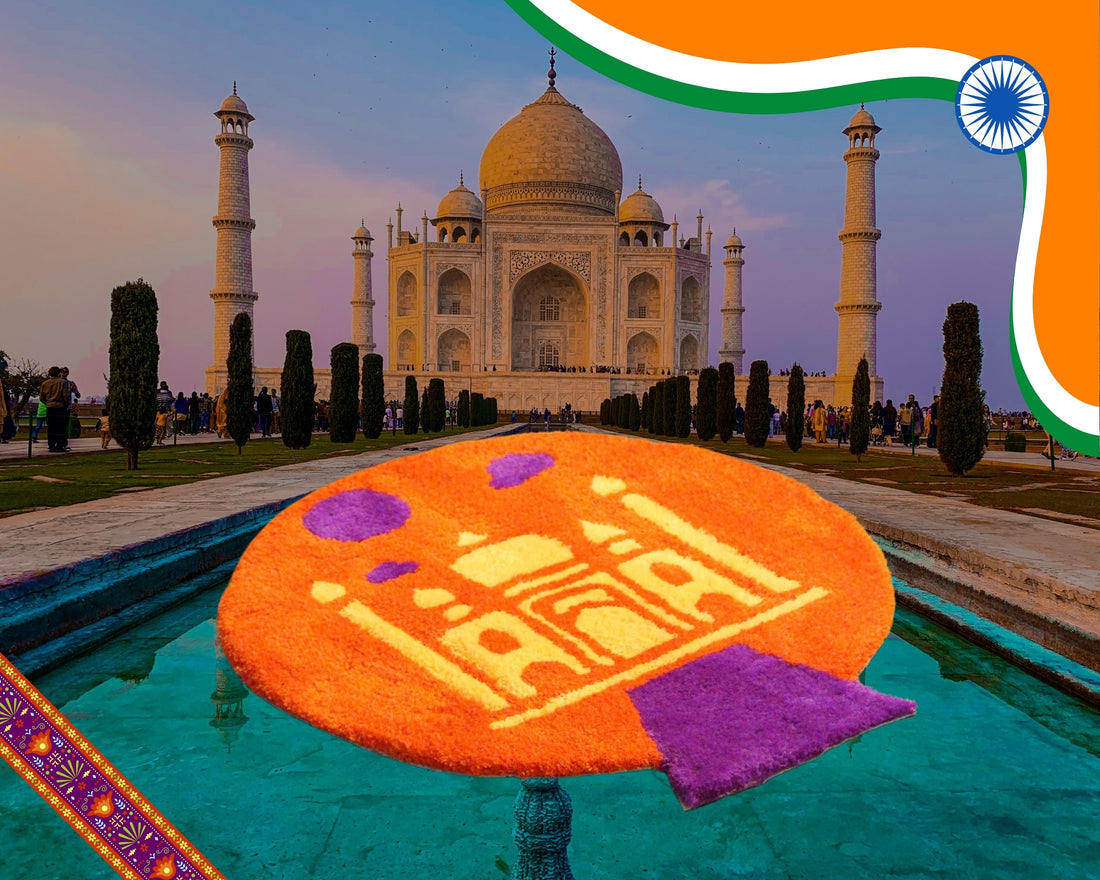 Tapis artisanal, unique fait main par Mood Creation'S. Cette pièce décorative tufté représente la Taj Mahal.