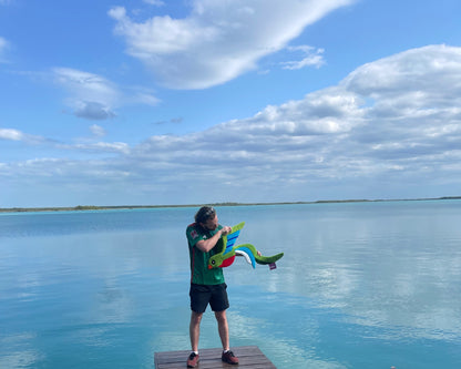 Quetzal au Cenote Azul de Bacalar, contraste entre nature et création tuftée main.