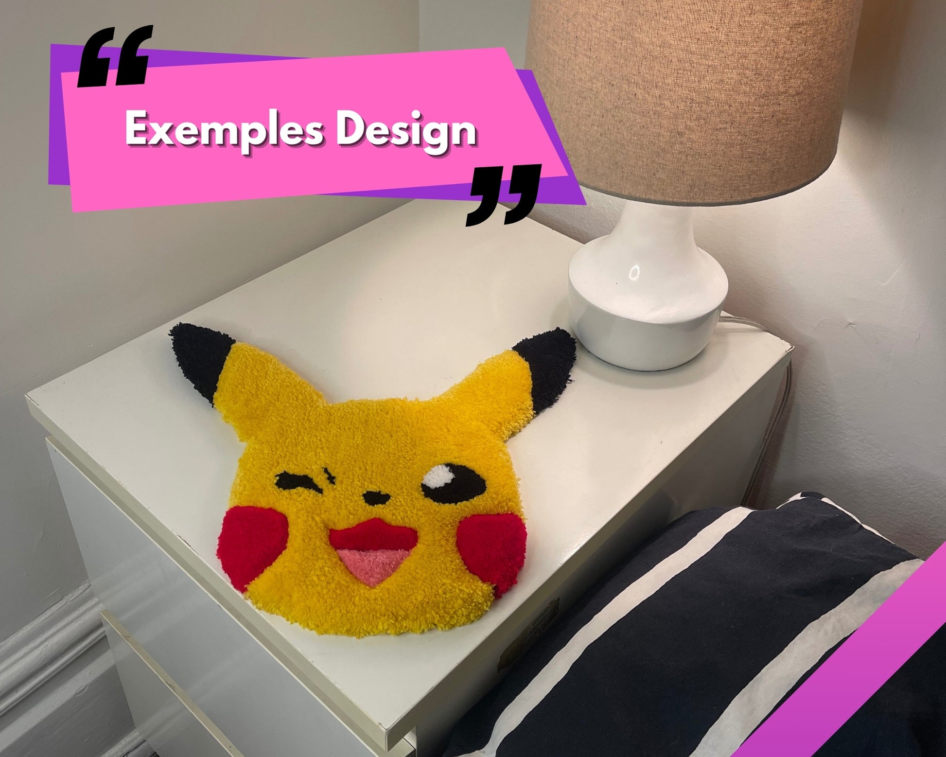 Tapis de chevet unique qui représente le pokemon Pikachu. Création personnalisé pour une décoration à son image. 