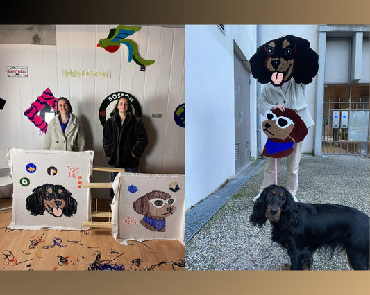 Photos de clientes avec leurs tapis lors d'une initiation tufting à Toulouse à mon atelier. 